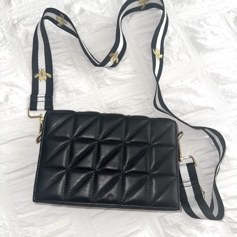 Black Quilted Crossbody Bag with Embroidered Strap
